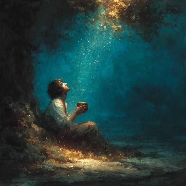 Man Drinking Wine Under Tree with Golden Light