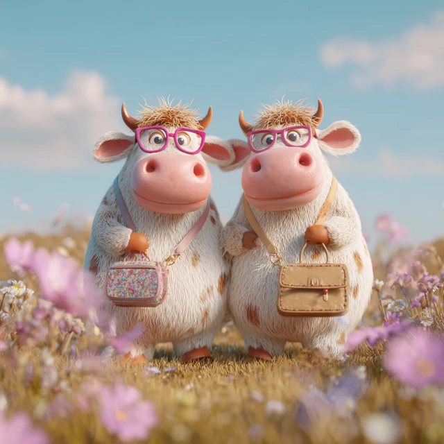 Cute Cow Couple in Meadow Pixar Style 3D Animation