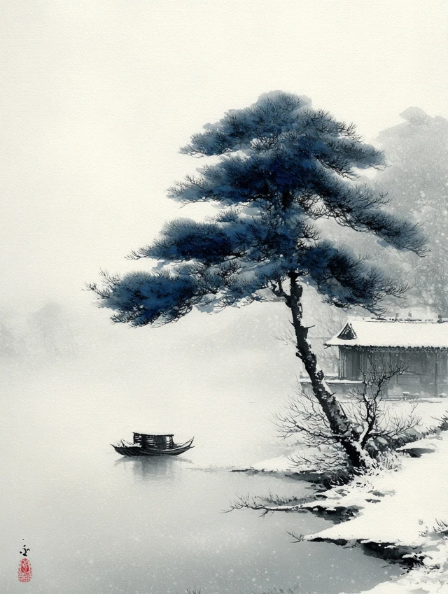 Chinese Ink Wash Snow Landscape Painting Zen Style