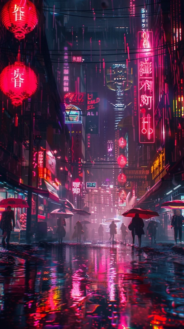 Cyberpunk Cityscape Rain Neon Lights Reflections