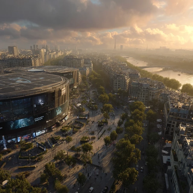 Paris Esports Arena Drone Shot Cityscape View 4K