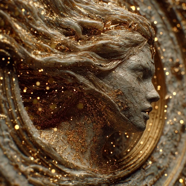 Fantasy Goddess 3D Render with Gold and Silver Waves
