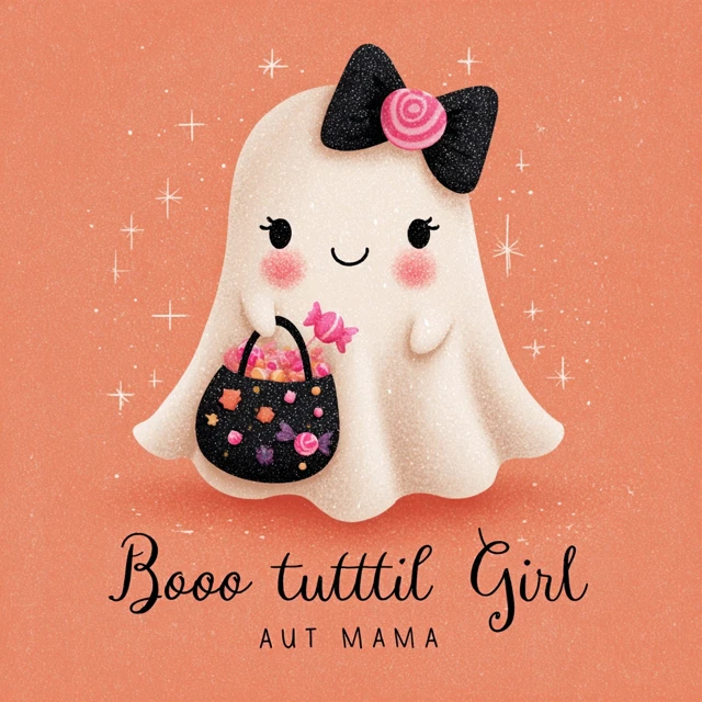 Cute Halloween Ghost Girl with Bows and Candy