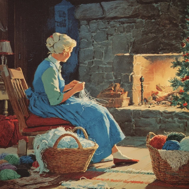 1940s American Painting Grandmother Knitting at Christmas