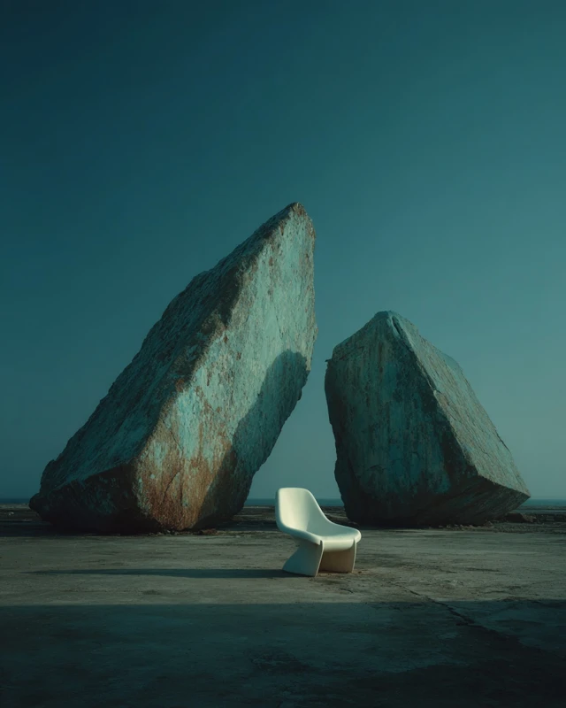 Minimalist White Chair and Dark Rocks Photography