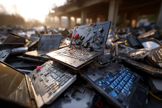Damaged Laptop Dump Sunlight Day Wide Top View