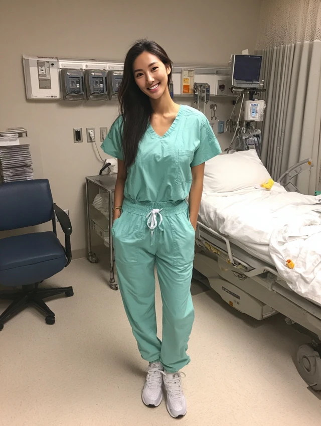Beautiful Korean Nurse in Scrubs Smiling at Camera