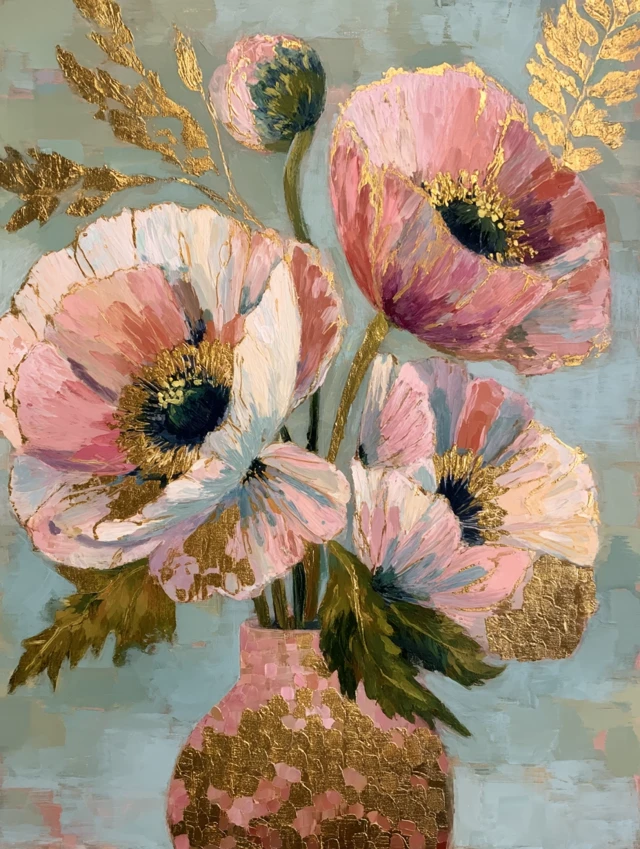 Poppy Flowers in a Vase Modern Art Painting Gold Accents