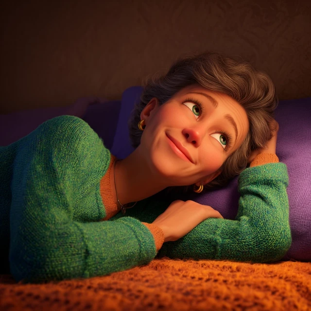 Smiling Woman Relaxing in Bed - Pixar Style