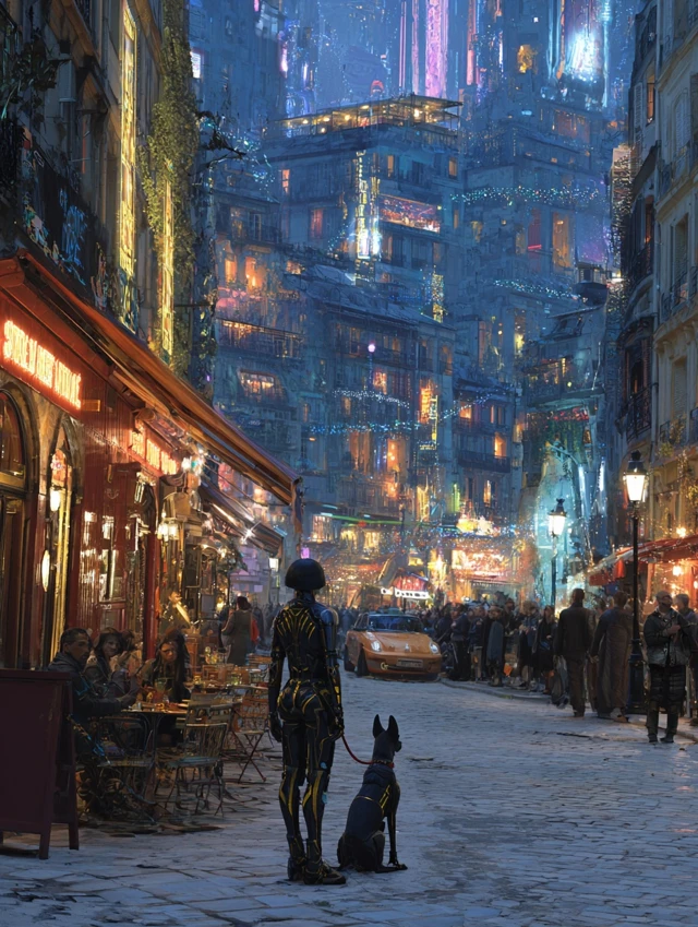SciFi City Scene Humanoid and Dog