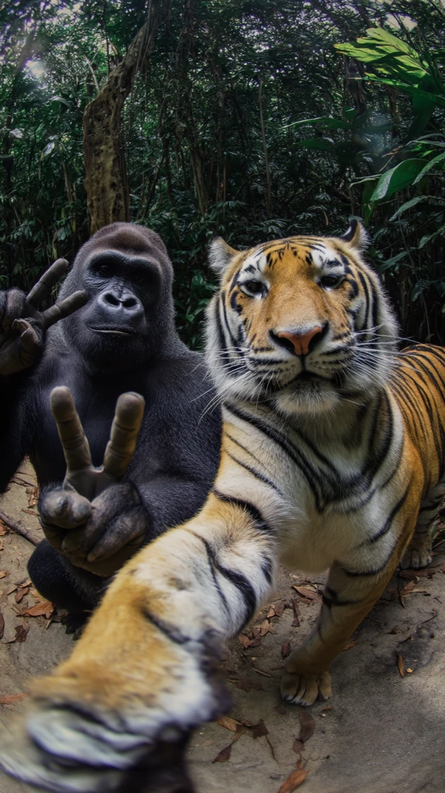 Gorilla and Tiger Peace Sign Jungle Selfie