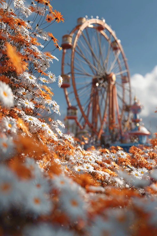 Ferris Wheel in a Field of Flowers Fantasy 3D Render