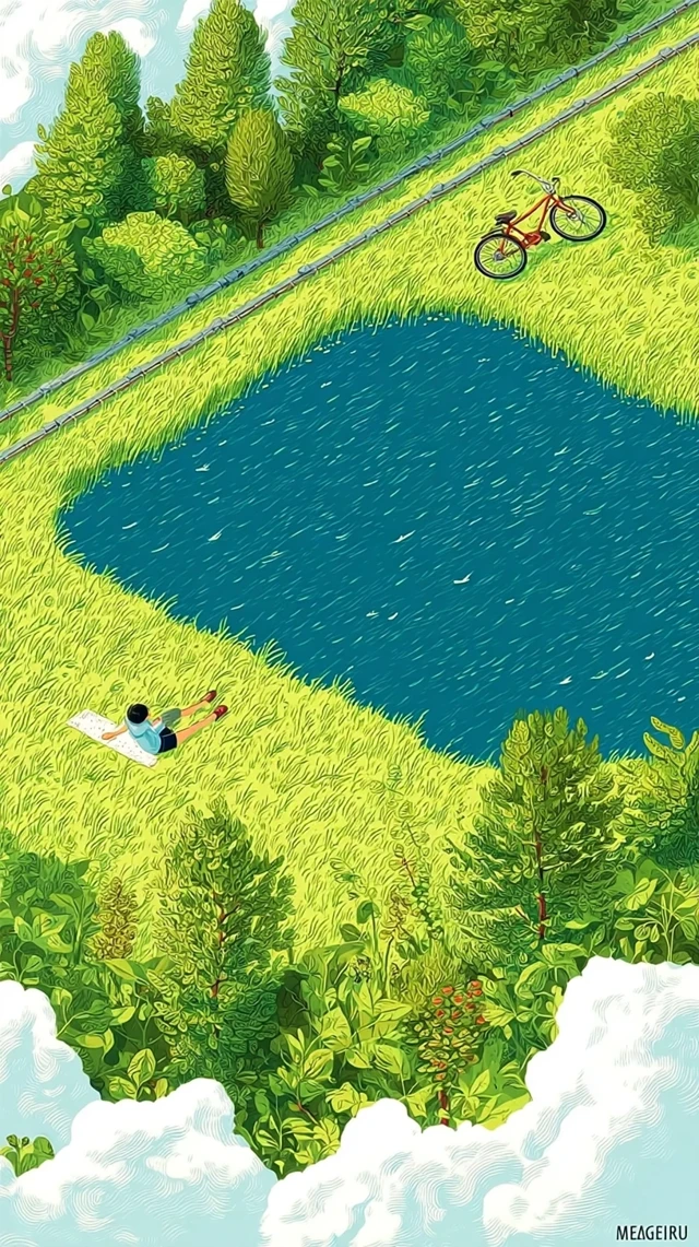 Cozy Lake Scene Illustration Sunny Day