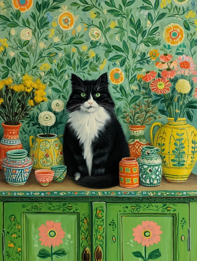 Folk Art Still Life: Cat, Flowers and Ceramics