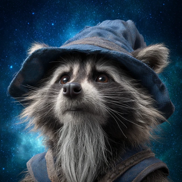 Wizard Raccoon Portrait with Cosmic Background
