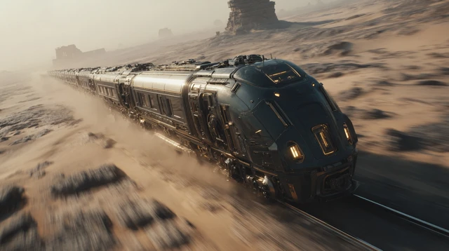 Teslapunk Train Futuristic Desert Scenery