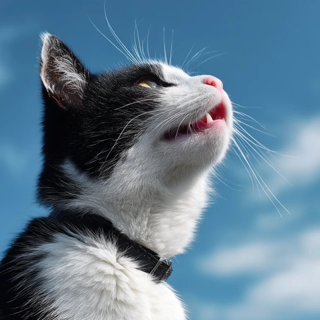 Happy Tuxedo Cat Looking Up at Blue Sky Profile View
