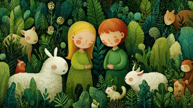 Children and Animals in a Forest Naive Art