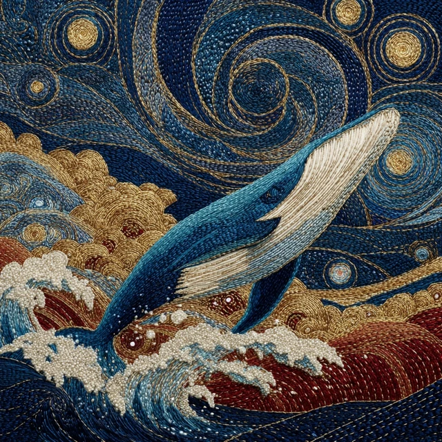 Embroidered Whale in Cosmic Ocean Art