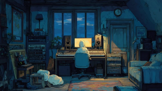 Cozy Room Anime Style Girl Working Laptop