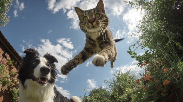 Cat Jumps Over Dog Backyard Photography