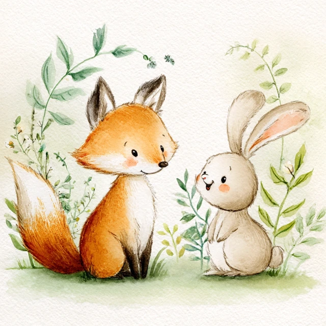Fox and Bunny Watercolor Illustration