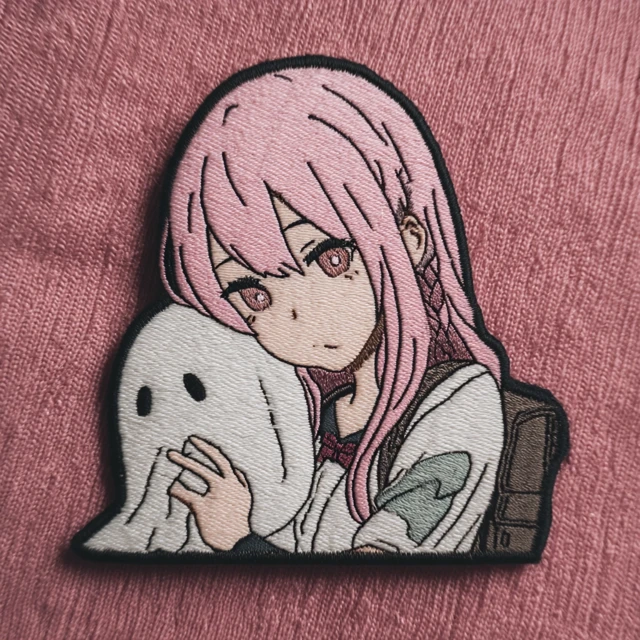 Anime Badge Pink Haired Girl and Ghost