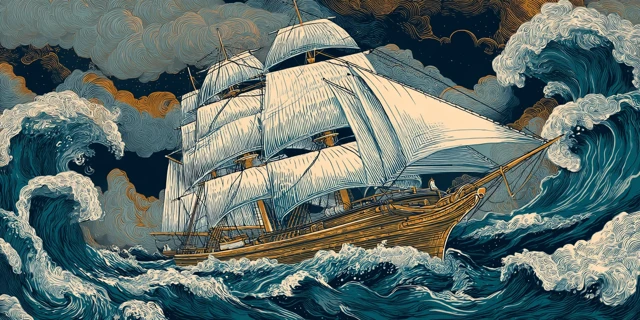 Tall Ship in Stormy Sea Illustration
