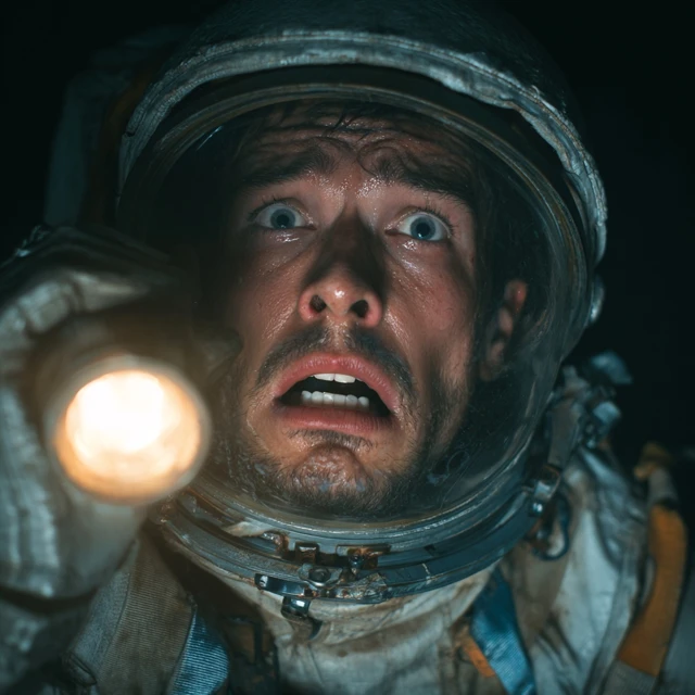 Horrified Spaceman with Flashlight