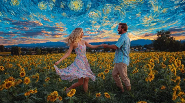 Couple Dancing in a Sunflower Field Van Gogh Style