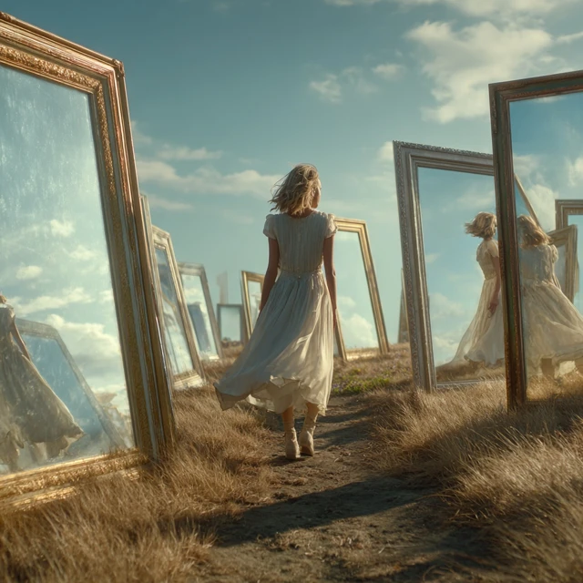 Woman in White Dress Walking Through Mirrors Surreal Scene