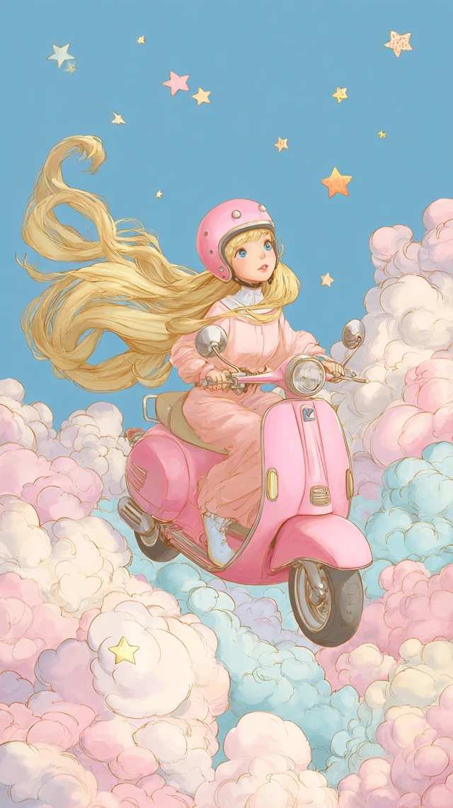 Cute Girl Riding Scooter In The Sky Pastel Illustration