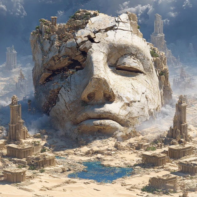 Ancient God Statue in Wasteland Fantasy Art