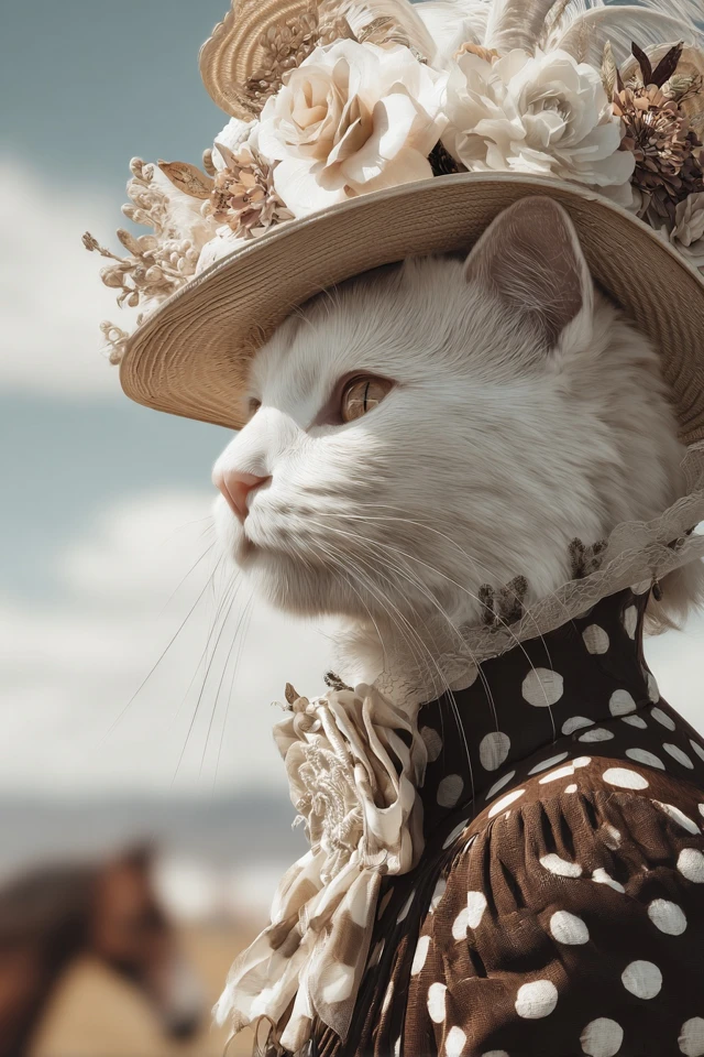 Royal Ascot Cat in Polka Dot Dress and Hat