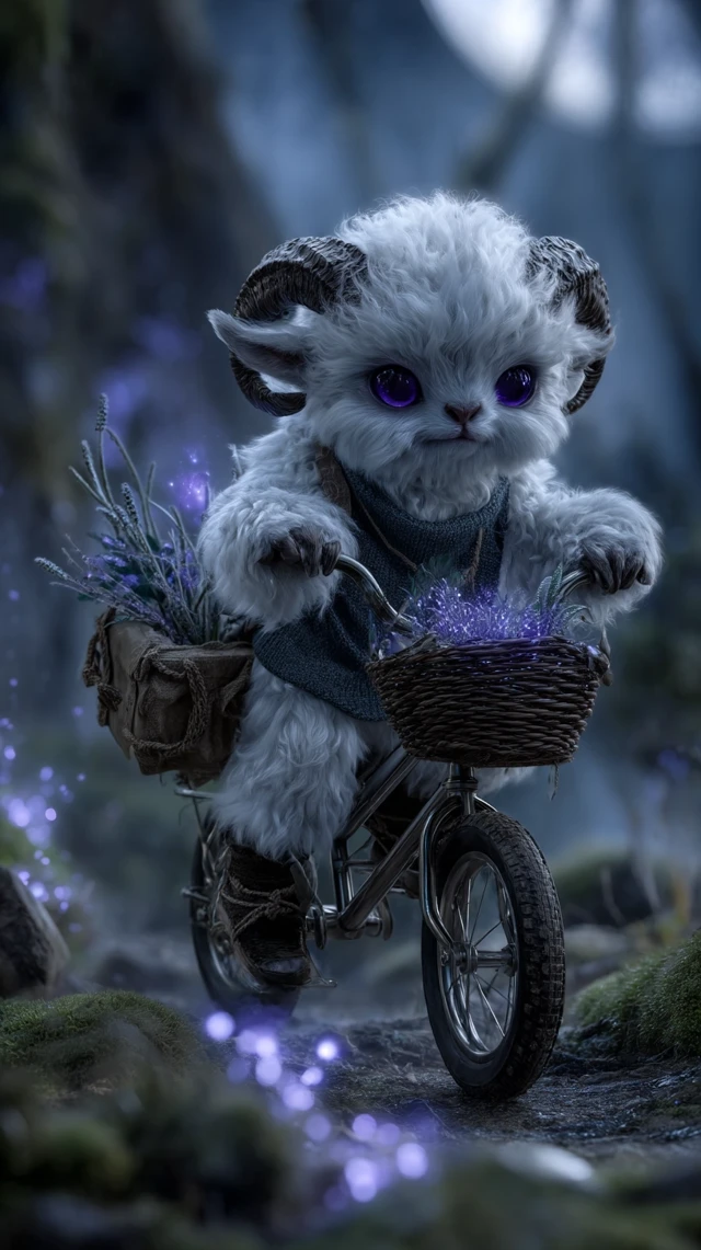 Fantasy Sheep Monster Baby on a Bicycle in Magical Forest