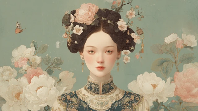 Ethereal Chinese Painting: Woman in Floral Dress