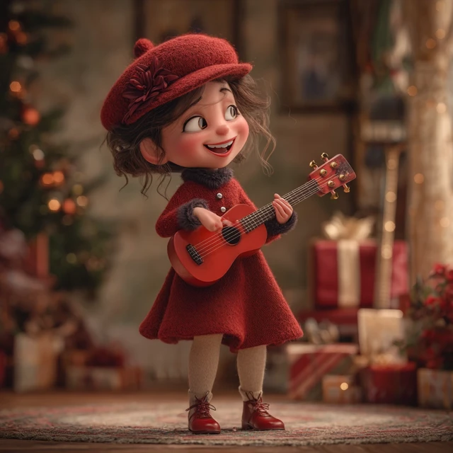 Cute Girl in Red Playing Guitar at Christmas