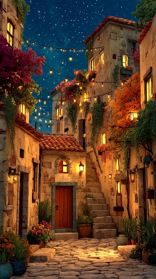 Cozy Mediterranean Courtyard Anime Night Scene