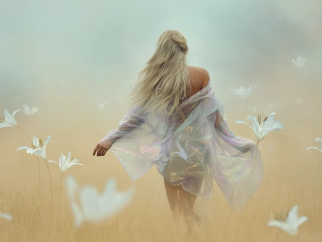 Surreal Blonde Woman Running Through Lilies Ethereal Scene