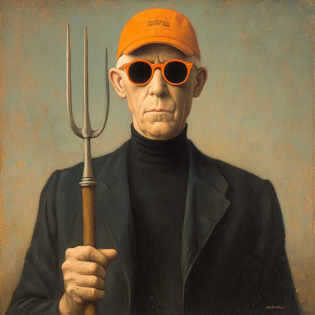 American Gothic Parody Man in Black with Pitchfork