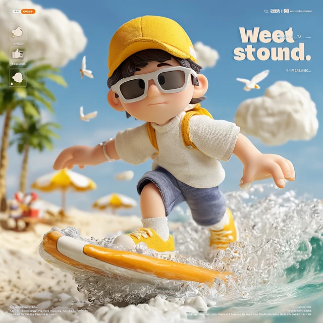 Cartoon Surfer on a Beach in 3D Style