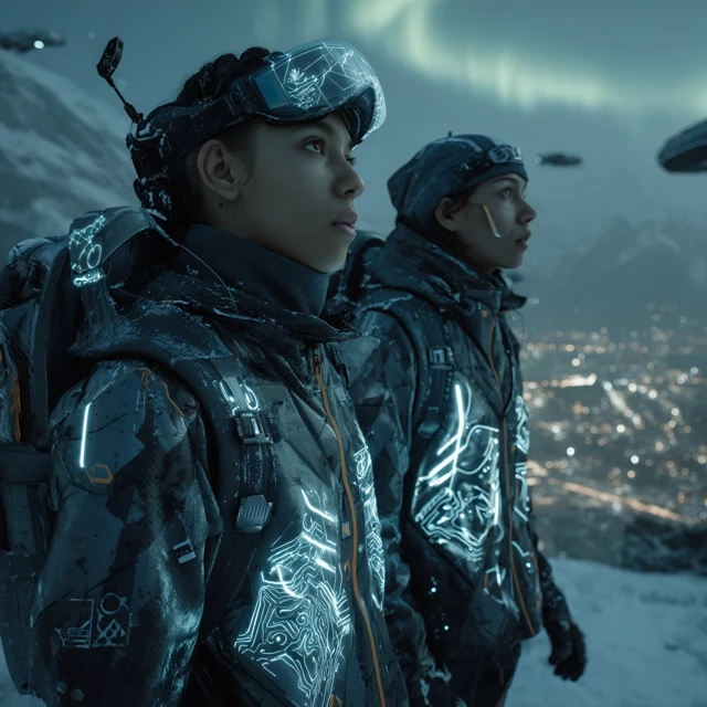 Cyberpunk Arctic Explorers on Neon Mountain Peak