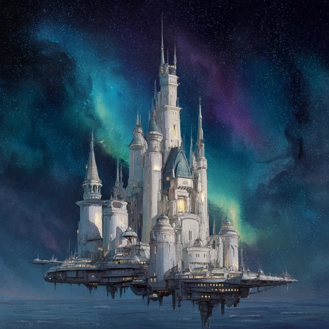 Floating Space Castle with Aurora Sky