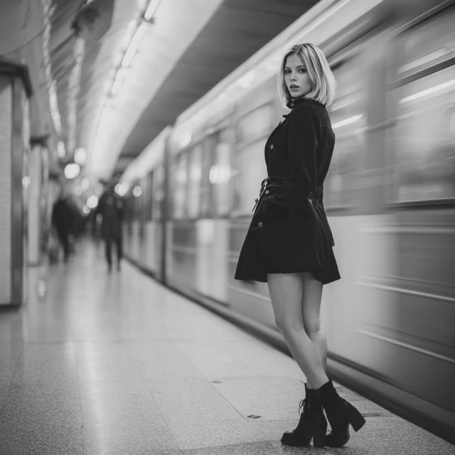 Woman in Metro Black and White Photo