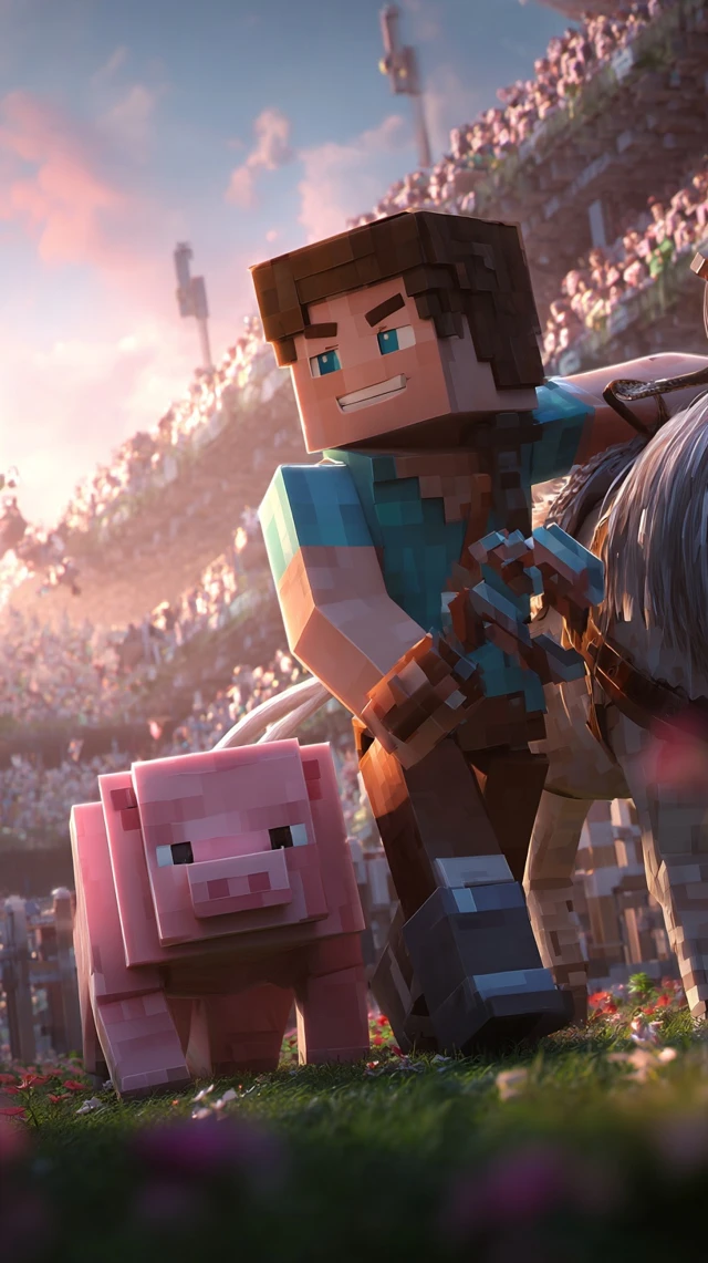 Minecraft Steve and Pig Pixelated Racing