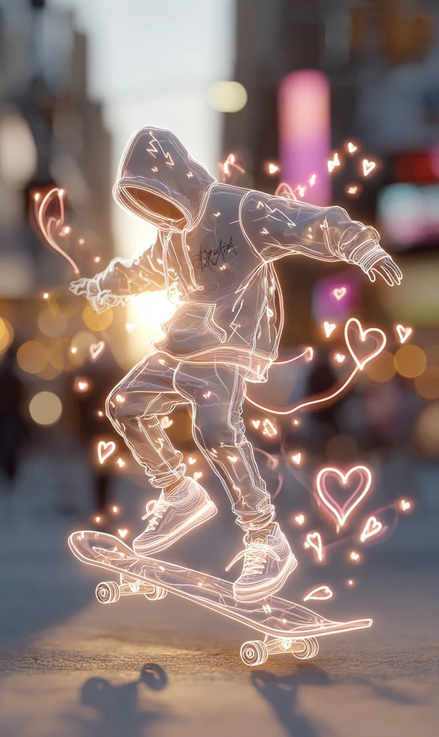 Neon Skateboard Boy City Street Art Golden Hour