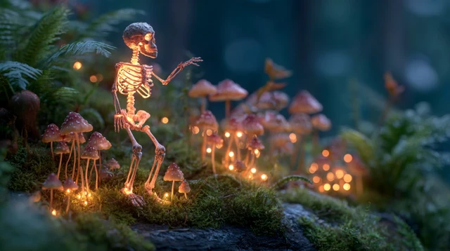 Glowing Skeleton in Fantasy Forest with Mushrooms