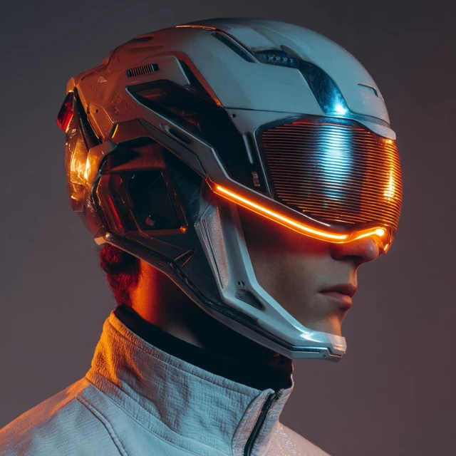 Cyberpunk Portrait Futuristic Helmet Orange and Blue Lights