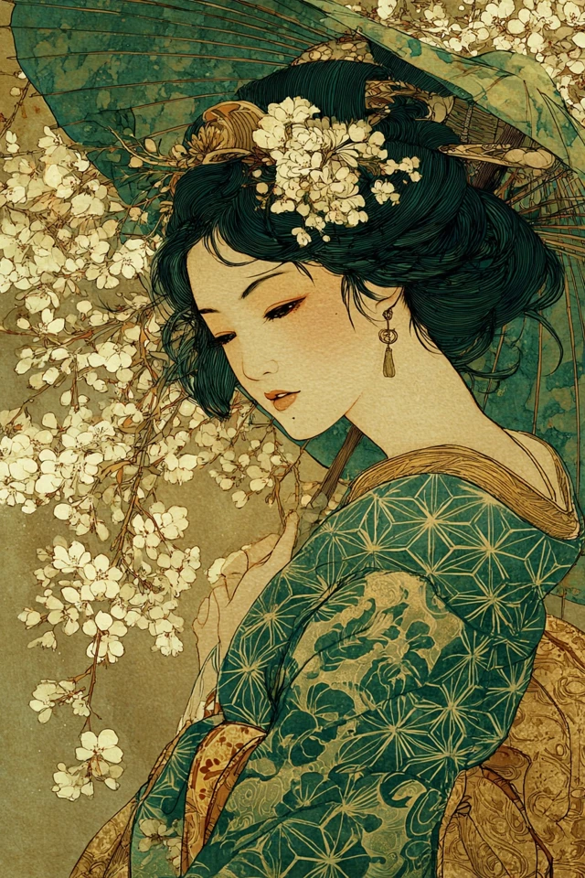Geisha Under Cherry Blossoms Ukiyo e Style