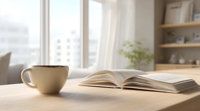 Japandi Room with Coffee Cup and Open Book